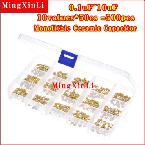 10values*50pcs =500pcs Monolithic Ceramic Capacitor 0.1uF~10uF,ceramic capacitor Assorted Kit + BOX