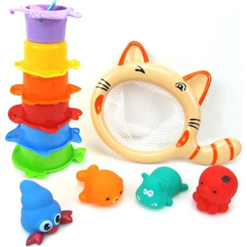 11Pcs/Set Cute Cat Sea Animal Stacking Cup Catching Fish Baby Bath Education Toy