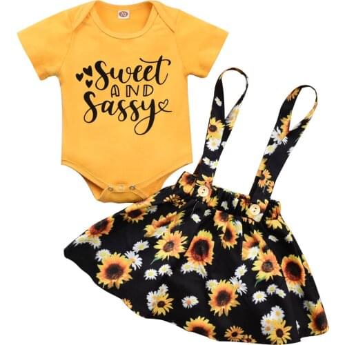 2020 Infant Toddler Baby Girls 2 Piece Outfits Sweet and Sassy Letter Printed Romper Top + Suspender Flower Skirt 0-24M