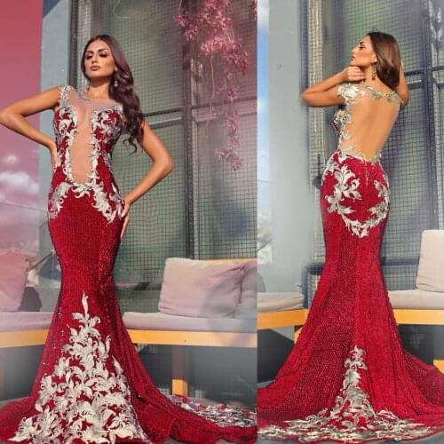 2020 Red Mermaid Evening Dresses Silver Appliques Sweep Train Backless Special Occasion Dress Custom Made Arabic Prom Gowns