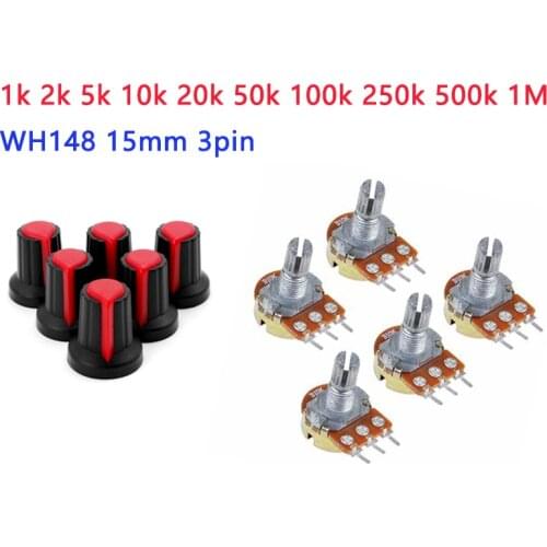 5pcs/lot Carbon Film Potentiometer WH148 15mm 3pin + Red Rotary Switch Knobs Cap Kit B1K 2K 5K 10K 20K 50K 100K 250K 500K 1M
