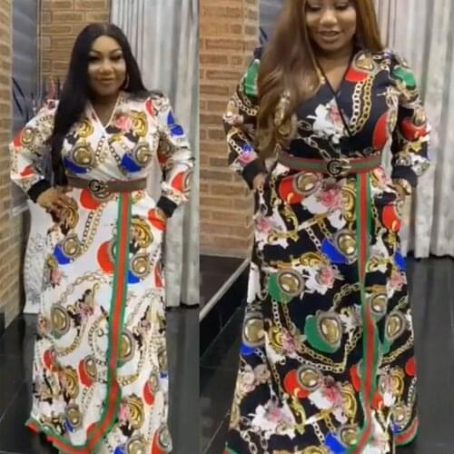 Lagos Africa Popular Printed Stitching V-Neck Large Size Robe Africaine Femme