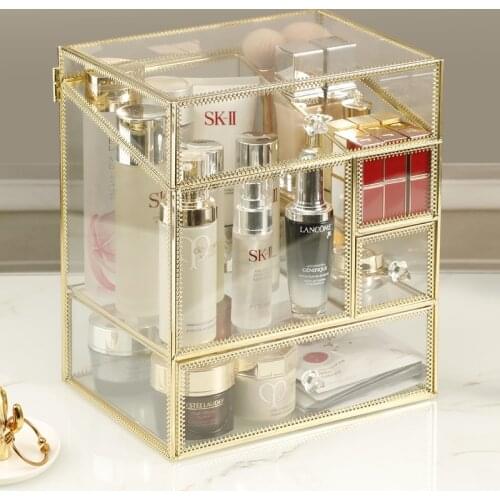 Big Capacity Gold Glass Makeup Organizer Desktop Makeup Storage Box Lipstick Holder Perfume Organizer Dust-proof Jewelry Box