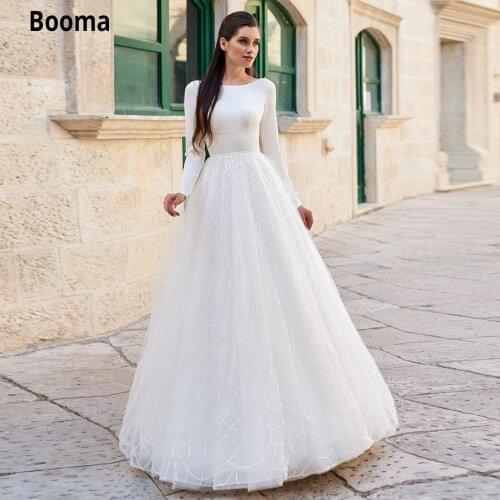 Booma White Beach Wedding Dresses with Full Sleeve Boho Glitty Lace Bridal Vintage Plus Size Princess Wedding Gown Simple