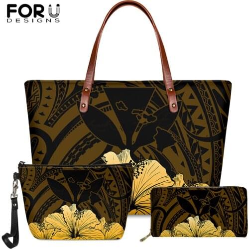 FORUDESIGNS Yello Hibiscus Pattern Fashion Women 3set Handbag Tattoo Polynesia Design Luxury Ladies Long PU Leather Wallet 2020