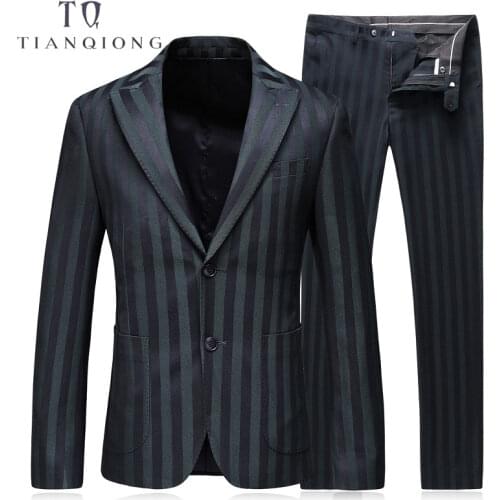 TIAN QIONG Stripe Men Suit Custom Made Navy Green Mens Striped Suit,Tailored Two Button Breasted Men Suits with Ticket Pocket