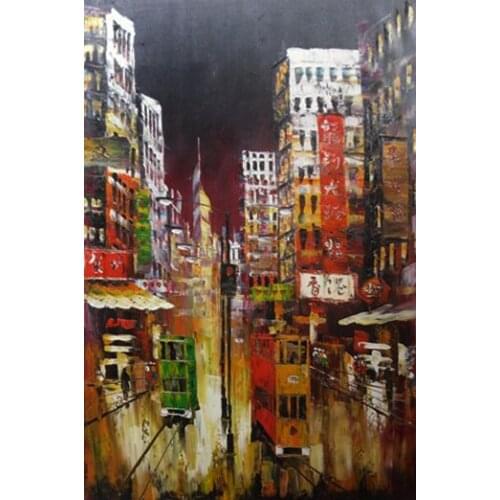 Kowloon, Hong Kong double-decker bus street painting rainy night canvas only palette knife oil painting