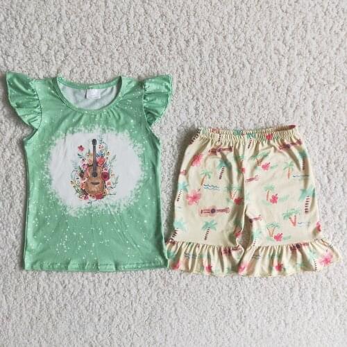 Summer Baby Girls Outfits Sunflowers and Guitar Shirt Coconut Trees Print Shorts Kids Boutique Set