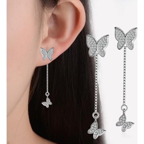 Cute Shiny Zirconia Butterfly Pendant Earrings Long Chain Tassel Drop Earrings Wedding Party Jewelry Gifts for Women oorbellen