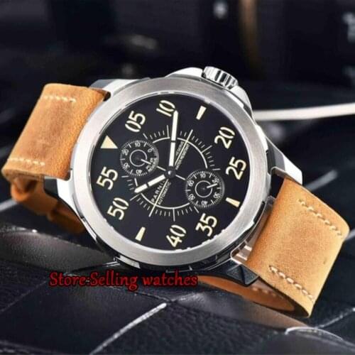 Parnis 44mm Luminous Mechanical Watches Mens Power Reserved Sapphire Steel Leather Waterproof Watches
