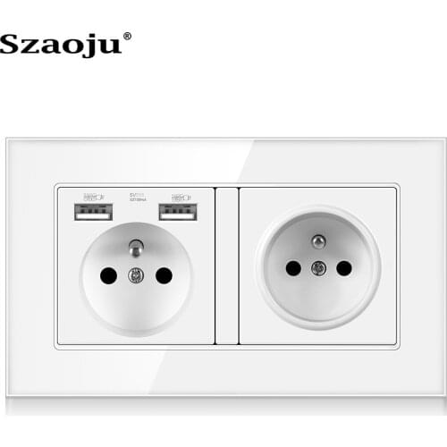 Szaoju 146*86mm wall socket French standard 16A crystal tempered glass panel socket power socket with USB charging AC110-250V