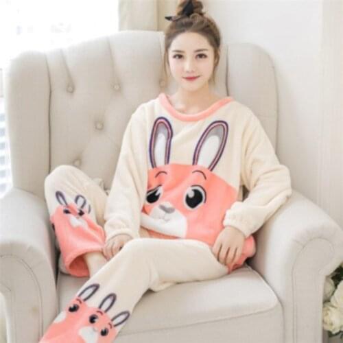 New 2021 Autumn Winter Warm Flannel Women Pyjamas Sets Thick Coral Velvet Long Sleeve Cartoon Sleepwear Flannel Pajamas Set Girl