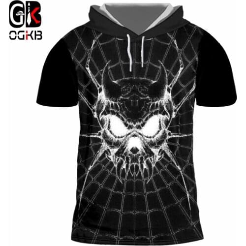 OGKB Summer Tshirt Unisex Hiphop Streetwear Punk Short Sleeve Hooded T-shirt Women/mens Print Spider Skull 3d T Shirt With Cap