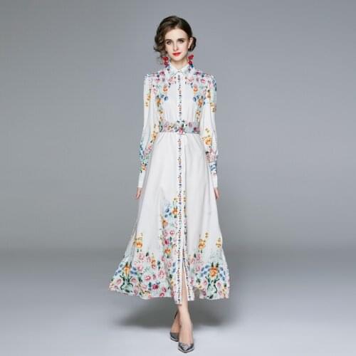 Autumn Designer New Women Elegant Maxi Dress Sexy Slim Puff Sleeve Wedding Party Robe Female Vintage Print Shirt Dress Vestidos