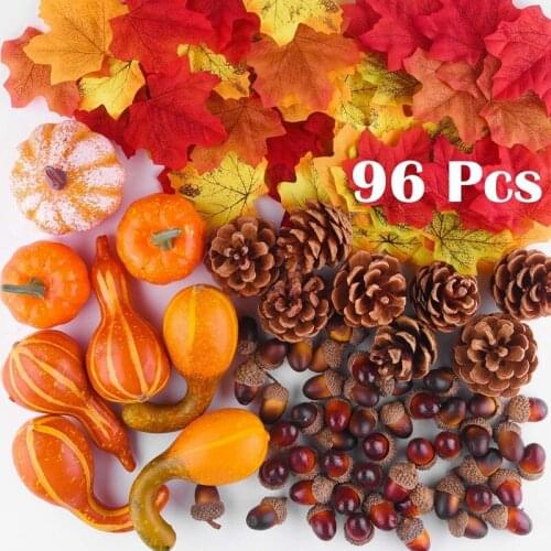Fall Decorations, Artificial Pumpkins,Pine Cones,Leaves, Acorns,for Halloween Thanksgiving Party Supplies,96 Pcs