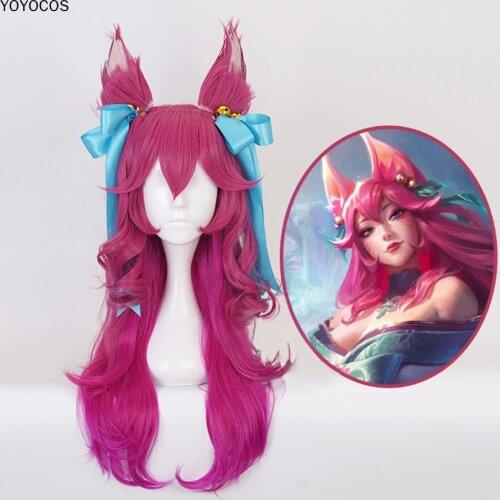 YOYOCOS LOL Game Spirit Blossom Ahri Long Wig With Ears Cosplay Costume Heat Resistant Synthetic Hair Wig