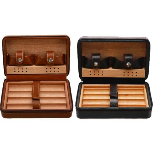 Portable Cedar Wood Cigar Humidor Box Travel Leather Cigar Case Holder Storage 4 Cigars Box Humidor Humidifier For Cigar