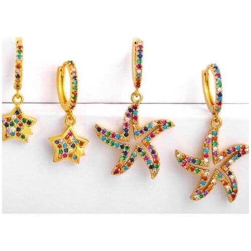 Starfish multicolor Brass micro pave cz zircon cubic zirconia drop Hoop Earrings studs copper gold plated crystal cgbh2