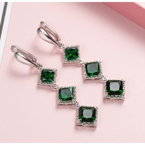 Boho Fashion Style Simple Long Silver Ear Studs Silver Color Jewelry Gemstones Earrings for Women Emerald Wedding Dating