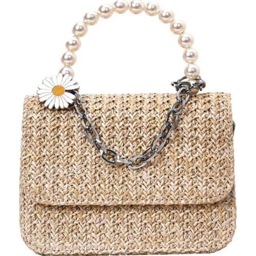 Summer Straw Bag Purse 2020 Womens Bag white small Woven shoulder bag Pearl handle handBag for ladies PU leather Cross Body bag