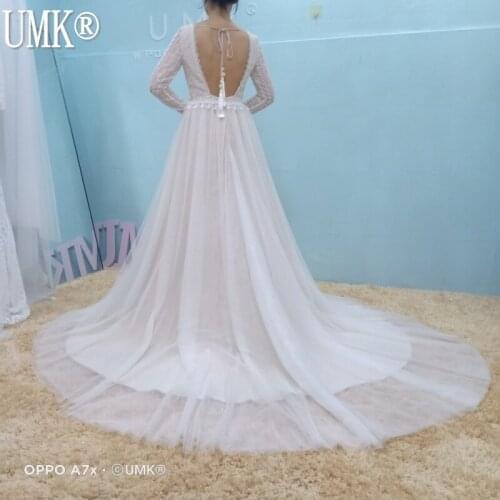 UMK Vestido De Noiva 2020 Boho Long Sleeve Wedding Dress Lace V Neck Beach Sexy Backless Tulle Elegant Wedding Gowns