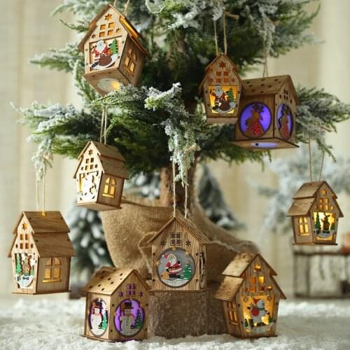 Led Light Wood House Christmas Tree Decoration Elk Santa Clause Snowman Hanging Ornaments Navidad Fairy Light Christmas Gift