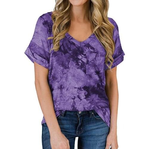 2XL Large Size Casual Tie dye Printing Tshirts Summer Women Roll Tab Sleeve V-Neck Female Short Sleeve T-shirt With Chest Pocket