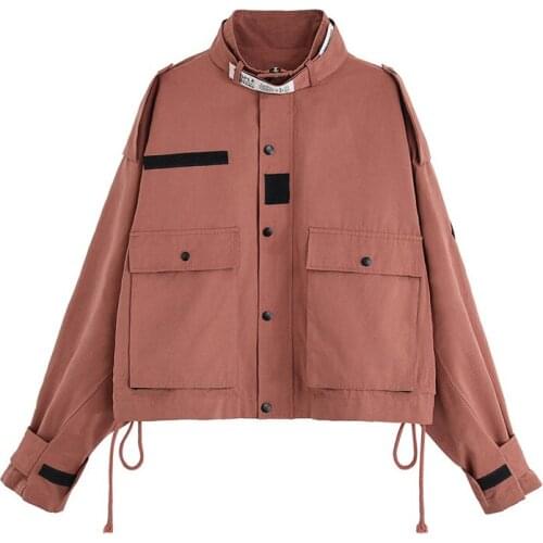 PERHAPS U Women Jacket Outwear Spring Autumn Long Sleeve Button Zipper Pocket Red Green Drawstring Solid C0282
