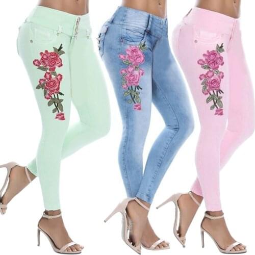 Plus Size Sexy Women Floral Embroidery High Waist Skinny Jeans Denim Long Pants Women Outerwear Casual Ladies Jeans