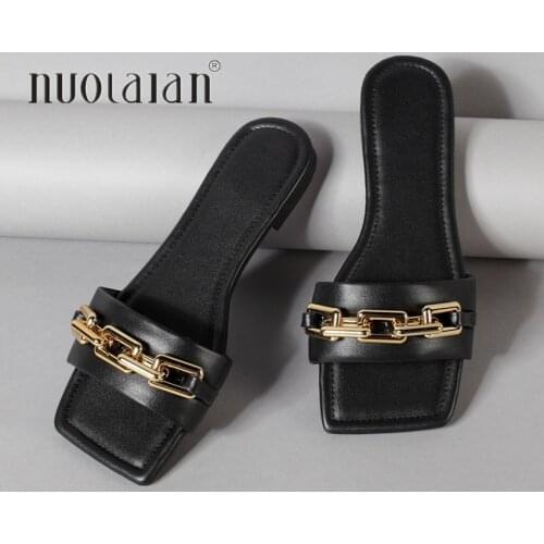 Women Slippers Sandals Gold Chain Slippers Shoes For Woman Causal Square Tor Ladies Flats Slides Female Flip Flops Shoes