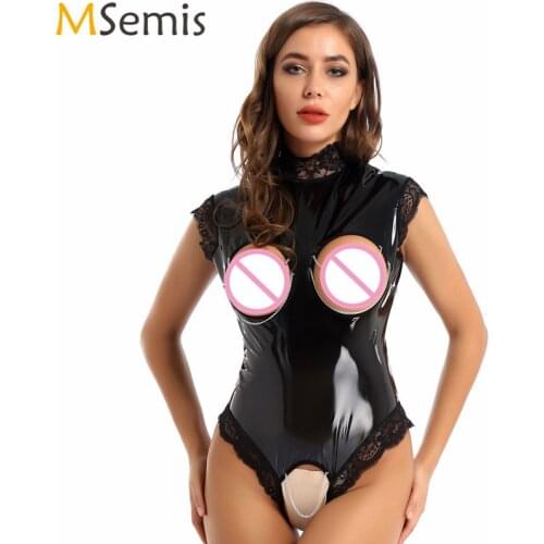 Women Porno Open Crotch Latex Bodysuit One-Piece Lace Trimmed Wet Look Leather Babydoll Nightwear Sexy High Neck Cupless Catsuit