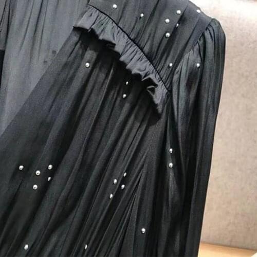 Women Pleated Mini Dress Rhinestone V-Neck Long Puff Sleeve Elastic Waist 2021 Spring Summer Ladies Loose Short Robes