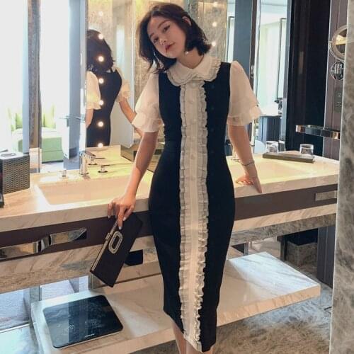 2020 Summer Black Puff Sleeve Dress Women Short Sleeve Midi Dresses Ladies Singer Breasted Zipper Evening Party Wrap Dress Women