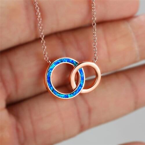 Trendy Hollow Round Wedding Necklace White Blue Opal Handcuffs Pendant Necklace Rose Gold Silver Color Chain Necklaces For Women