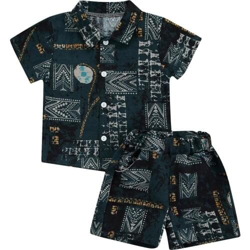 Boys Digital Print Clothes Set, Short Sleeve Lapel Neck Button-up Shirt + Elastic Waist Shorts 6M-5T