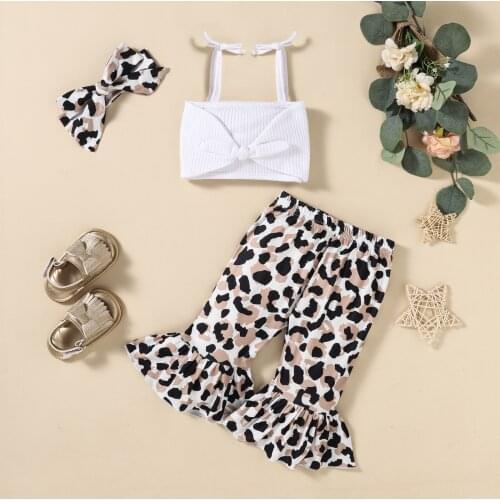 3-24M Baby Girls Clothes Set Infant Solid Color Cropped Tops Leopard Print Flared Trousers Bow-knot Headband 3pcs Outfits