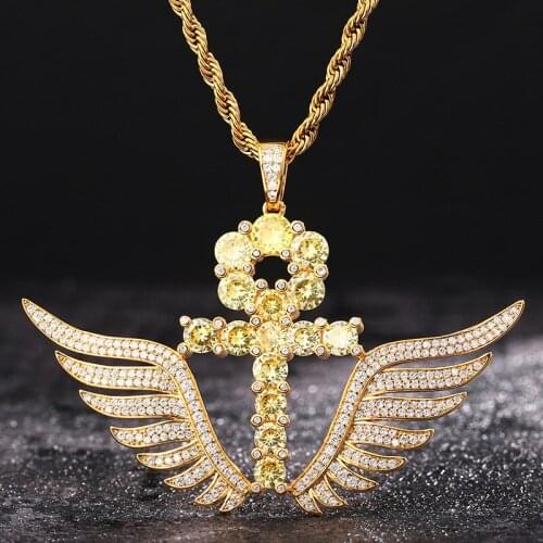 New Cubic Zircon Egypt Ankh Key Cross Pendant Pendant With Angle Wings Charm Necklace Fashion Hip Hop Rapper Jewelry Gift