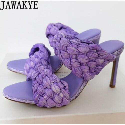 Summer Rattan grass Woven Rome Slippers Women turnover Designer Slim high-heel Shoes Fashion Hot Sale Luxury Brand Shoes mujer