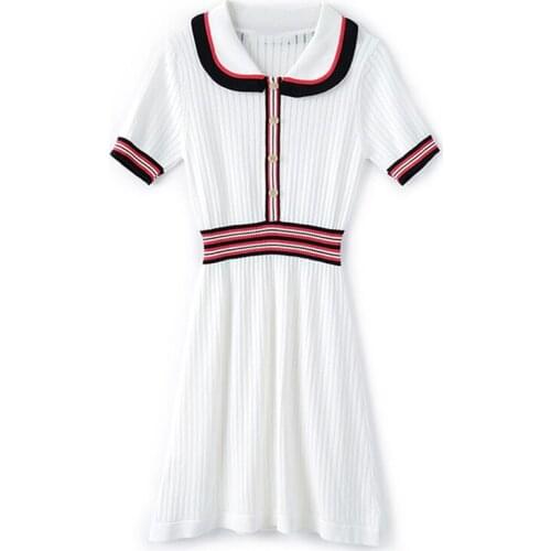 PERHAPS U Women White Black Peter Pan Collar Knitted Hollow Out Button Short Sleeve Mini Dress Hit Color Summer D2681