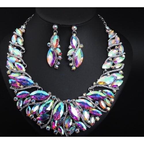 Fashion Women Wedding Necklace Earring Sets Vintage Collar Rhinestone Crystal Statement Choker Bridal Jewelry Sets African Bibs