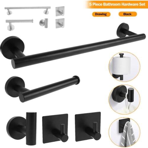 5Pcs Bathroom Hardware Set Stainless Steel Towel Rack Set Wall Mounted Towel Bar Set Hand Towel Bar Toilet Paper Holder 3 Hooks