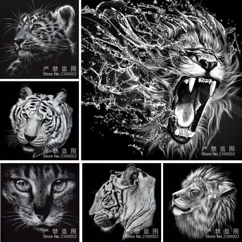 Animal White Pencil Drawings 5D Diy Diamond Painting Cat Tiger Lion Cross Stitch Posters Sets Full Diamond Mosaic Embroidery