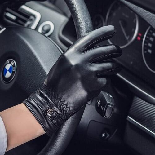 Genuine Leather Gloves Fashion Men Black Sheepskin Gloves Winter Plus Velvet Finger Motorcycle Driving Glove NM786-5