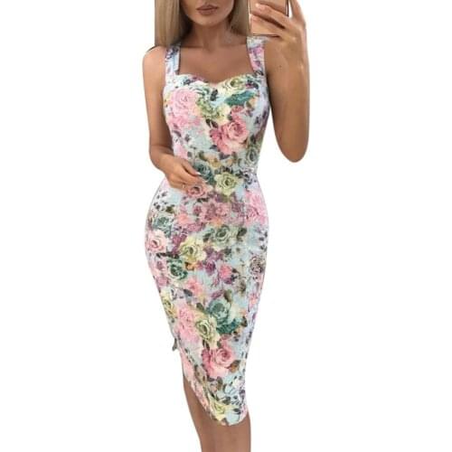 Summer dress Evening Party Vintage Rose Flower Print Women Sleeveless Bodycon Midi Dress robe femme Womens Clothing 2021