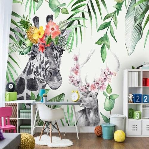 Custom 3D Photo Wallpaper Mural Hand Painted Cute Fresh Tropical Plant Cartoon Animal Children Room Bedroom Decoration Picture