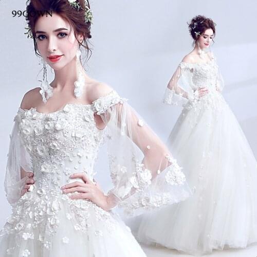 99GOWN Sexy Off Shoulder A-Line Ball Gown Women 2019 Simple Wedding Dress Long Flare Sleeve Embroidery Bridal Wedding Dress