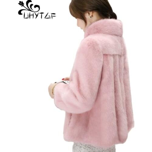 UHYTGF Winter Fur Coat Female Luxury Imitation Mink Casual Warm Outerwear Solid Color Elegant Womens Short Jacket Plus Size 1146