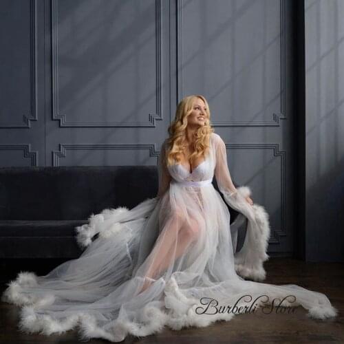 Sexy See Thru White Tulle Bridal Robe Ruffles Shaggy Edge A-line Long Maternity Dresses Photography Full Sleeves Women Dress
