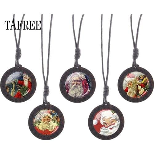 TAFREE vintage Christmas ART Design rope chains Wooden Necklace best wishes for lovers anniversary moive Picture gift J197