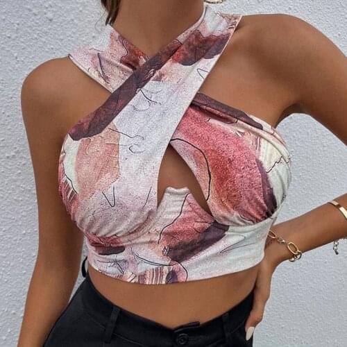 Wsevypo Abstract Printed Cross Halter Neck Tank Tops Summer Women Cut Out Wrapped Crop Tops Fashion Back Cross Bustiers Tops